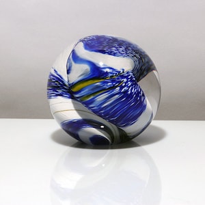 Hand Blown Glass Paperweight Sculpture - Cobalt, White, and Yellow