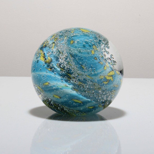 Hand Blown Glass Paperweight Sculpture - Yellow Blue White