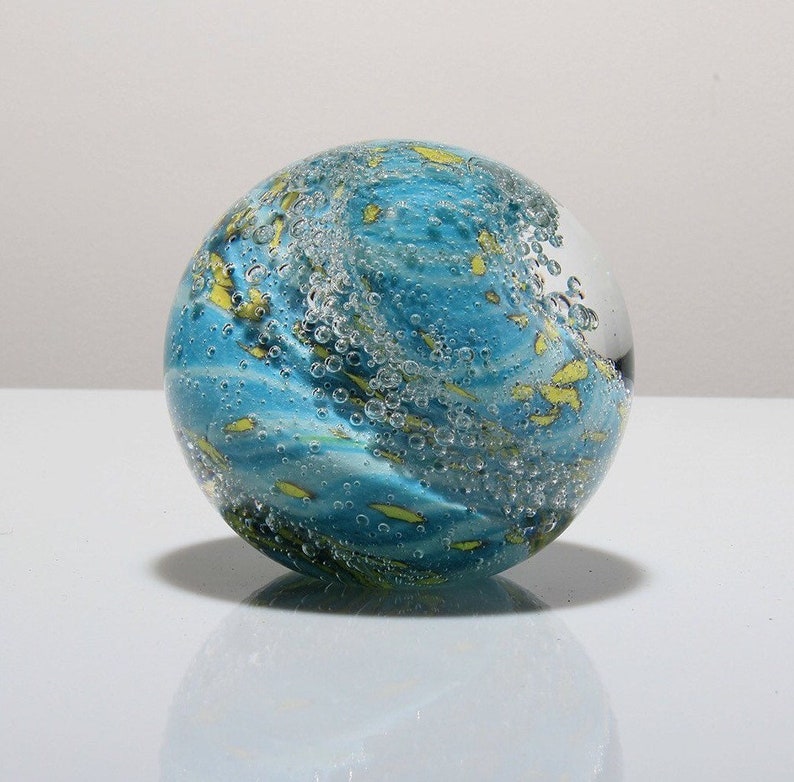 Hand Blown Glass Paperweight Sculpture Yellow Blue White image 1