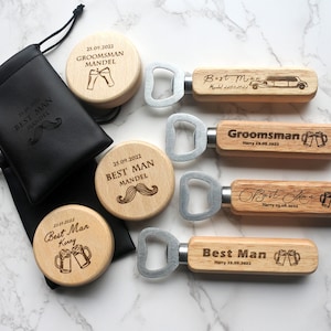Personalised Wooden Bottle Opener with leather gift bag，Engraved Fridge Magnet gift ,best man gift,Usher Groomsman gift  Wedding day Gifts