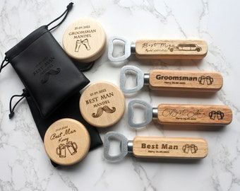 Personalised Wooden Bottle Opener with leather gift bag，Engraved Fridge Magnet gift ,best man gift,Usher Groomsman gift  Wedding day Gifts