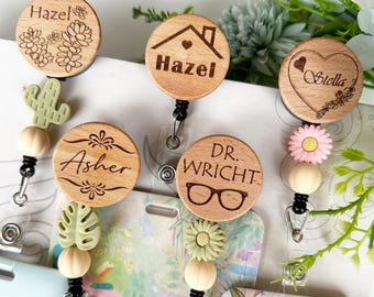 Personalized Wooden Badge Reel: Engraved Sunflower ID Holder