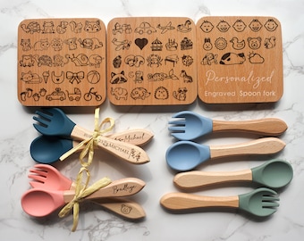 Personalized Spoon and Fork Set, Engraved Baby Spoon and Fork with custom name , Personalized Baby Shower Gift, Silicone Utensils