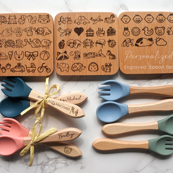 Personalized Spoon and Fork Set, Engraved Baby Spoon and Fork with custom name , Personalized Baby Shower Gift, Silicone Utensils