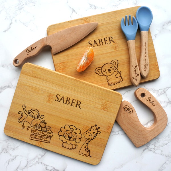 Personalized Cutting Board sets for child Personalized Kid Knife, Custom Kitchen Kids Cutter, Engraved Kitchen Helper Gift,Cutting  Fruits
