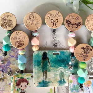 Personalized Wood Badge Reel: Engraved Retractable ID Holder, Teacher Nurse Gift