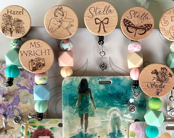 Personalized Wood Badge Reel: Engraved Retractable ID Holder, Teacher Nurse Gift