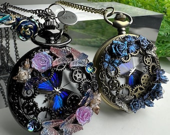 Personalized real  Butterfly with purple rose Pocket Watch Necklace ，Engraved name ,Gift for Her