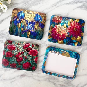Custom Floral Badge Holder: Horizontal Slide Closure Mosaic-style floral design