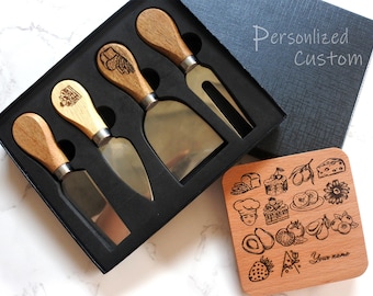 Cheese Knives set with gift box ,Personalized Charcuterie Utensils Set of 4, Custom Cheese Knives, Wooden Gifts for Kitchen