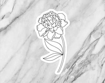 Pegatina de vinilo con dibujo de peonía en blanco y negro / Pegatina para botella de agua / Pegatina para cuaderno
