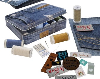 Boîte en jean Gütermann avec aiguilles à coudre pour jeans et étiquettes en simili cuir et textile - 799782