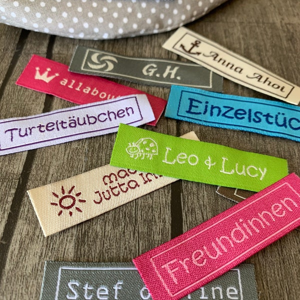 25 Webetiketten personalisiert Textiletiketten, Namensbänder mit Text/Motiv selbst gestalten, Stoffetiketten  zum Aufnähen oder Aufbügeln