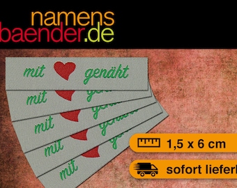 5 Web labels / textile labels to sewing "made with love" in grey / green / red 1.5 x 6 cm