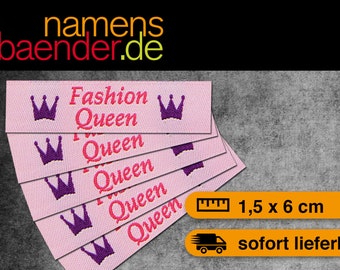 5 Webetiketten / Textiletiketten zum Einnähen "Fashion Queen" in Rosa / Pink / Lila 1,5 x 6 cm