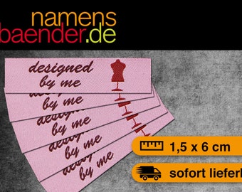 15 Webetiketten / Textiletiketten zum Einnähen "designed by me" in Rosa / Rot / Weinrot 1,5 x 6 cm
