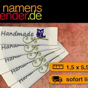 May include: Five white fabric labels with the text "Handmade" and a green vine design. The top label features a purple owl on the vine. The labels are 1.5 x 5.5 inches.