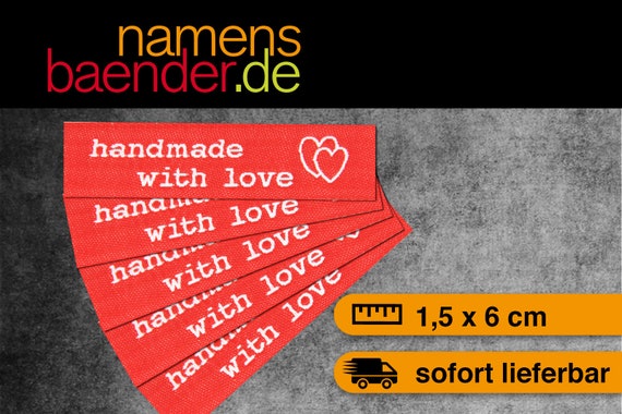 Aufnäher Textiletiketten /"handmade with love/" rot-weiss