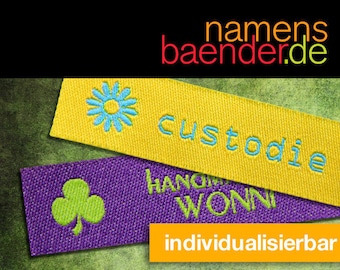75 colored woven labels, textile labels with motif and your text, 1.5 x 6 cm