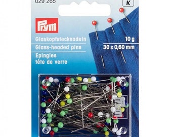 Aiguilles à tête en verre Prym, 0,60 x 30 mm, colorées, 10g - 029265