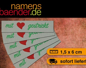 5 Web labels / textile labels to sewing "knitted with love" in grey / green / red 1.5 x 6 cm