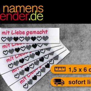 Aufnäher Textiletiketten /"handmade with love/" rot-weiss