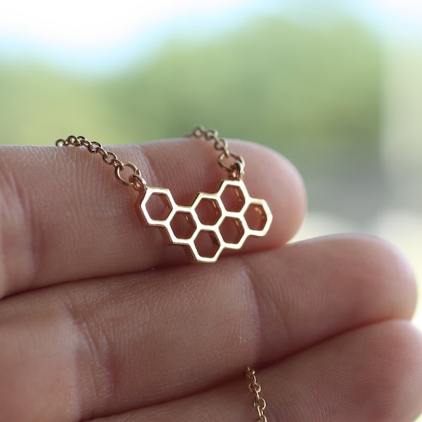 Gold Honeycomb Necklace, Hexagon Pendant Necklace, Bridesmaid Gift, Everyday Necklace, Wedding Jewelry, Small Honeycomb, HoneyBeeCharmed