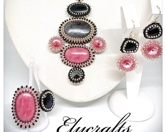 Pink Martini seed bead embroidery jewelry set