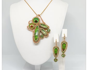 SERENITY TREE semi precious Green Copper Mojave Turquoise seed bead embroidery jewellery set- necklace and earrings