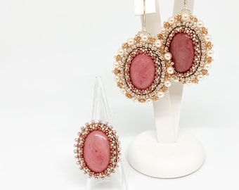 ROXANNE natural Rhodonite semi precious stone seed bead embroidery jewellery set - ring and earrings