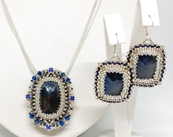 My BLUE DREAMS natural precious Sapphire stone seed bead embroidery jewellery set - necklace and earrings