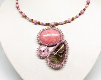INNOCENCE natural semi precious stones Rhodonite and Botswana Agate seed beaded embroidery jewellery necklace