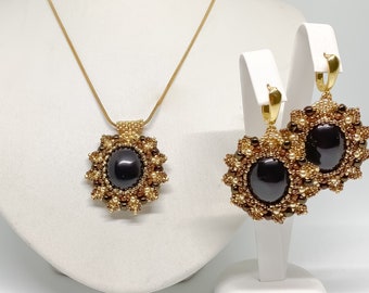 STARRY NIGHT natural star Garnet seed bead embroidery jewellery set