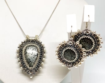 BORN from the ASHES natural Marcasite stone seed bead embroidery jewellery set -necklace and earrings- Toho and Miyuki seed beads