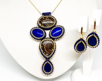 ROYAL BLUE natural Lapislazuli /semi precious gemstone/ and Ammonite /fossil Nautilus - Cephalopods/ seed bead embroidery jewellery set