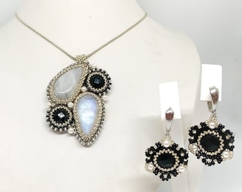 BLACK & WHITE semi precious rainbow Moonstone and black Onyx seed bead embroidery jewellery set- necklace and earrings