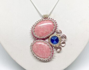 A SHADE of PINK natural semi precious Rhodonite and rose Quartz stones and Swarovski Rivoli seed bead embroidery jewellery necklace