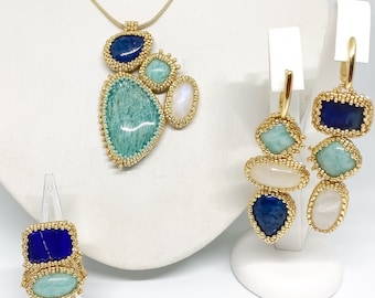 DISTANT ISLAND natural Amazonite, rainbow Moonstone and Lapislazuli /semi precious gemstones/ seed bead embroidery jewellery set
