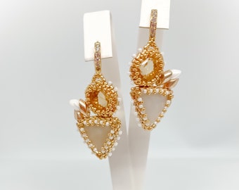 SNOW WHITE natural white Moonstone/ semi precious stone/ and Citrine /semi precious stone/ seed beaded embroidery earrings