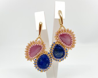 BUTTERFLY natural pink Sapphire/precious stone/ and Lapislazuli /semi precious stone/ seed beaded embroidery earrings