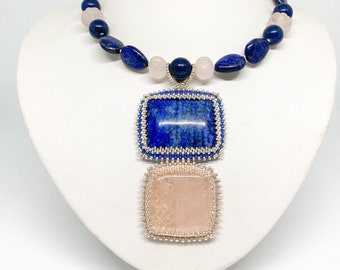 SCANDINAVIAN SUNRISE seed bead embroidery jewellery necklace with natural semi precious Lapis Lazuli and Rose Quartz stones.