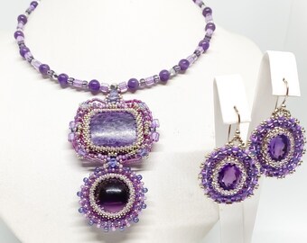 HYACINTH LOVE natural semi precious Amethyst and Charoite stones seed bead embroidery jewellery set - necklace and earrings