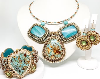 Blue Lagoon blue lace agate and sea sediment jasper seed bead embroidery jewellery set
