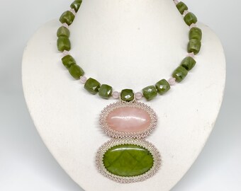 LOTUS LAKE seed bead embroidery necklace with natural Rose Quartz, Green Serpentine and Green Garnet stones.