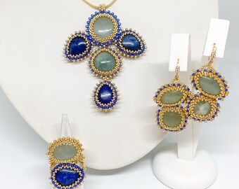 ANGEL BIRTH natural stone seed bead embroidery jewellery set with Aquamarine and Lapislazuli
