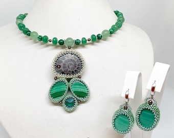 SPRING GREEN natural stone seed bead embroidery jewellery set made with Ammonite /Nautilus/ and semi precious Malachite