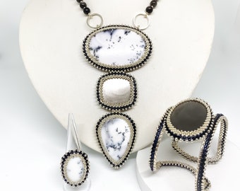 Serena seed bead embroidery jewellery set made with Dendritic Agate and Silver Sheen Obsidian.