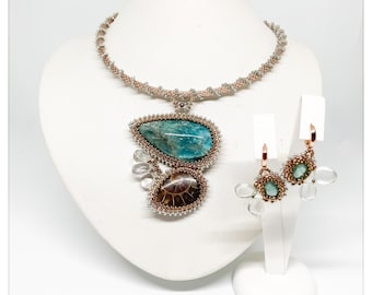 ICARUS seed bead embroidery jewellery set with natural semiprecious Apatite, Prasiolite, Aquamarine and Ammonite (Nautilus)