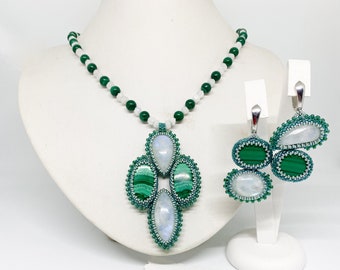 SNOWDROPS natural Moonstone and Malachite embroidered jewellery set