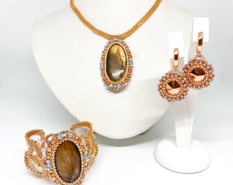 ROSE GOLD semi precious natural Labradorite seed bead embroidery jewellery set - necklace, bracelet and earrings